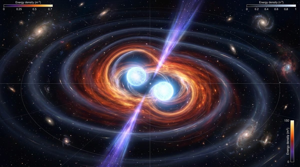 Illustration of two neutron stars spiralling together, surrounded by rings of hot debris and a jet along the rotation axis.