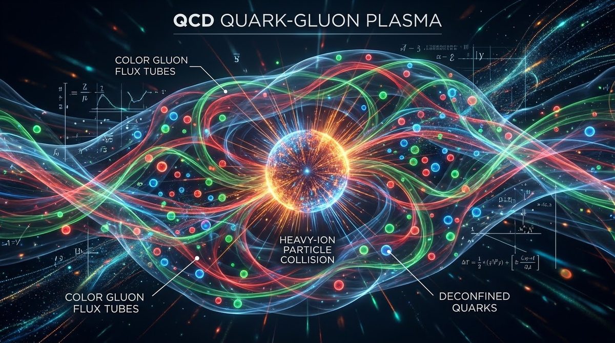 Illustration of a quark-gluon plasma: coloured flux tubes and free quarks streaming out of a heavy-ion collision.